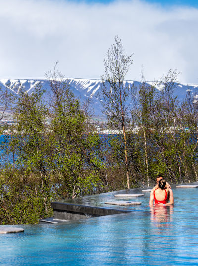 Enjoy the view over the fjord and Akureyri from the Forest Lagoon