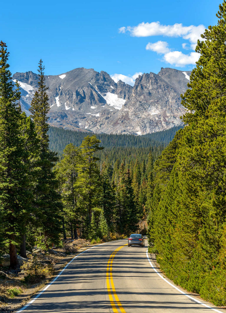 a road through the forest with mountains and a blue sky in the background