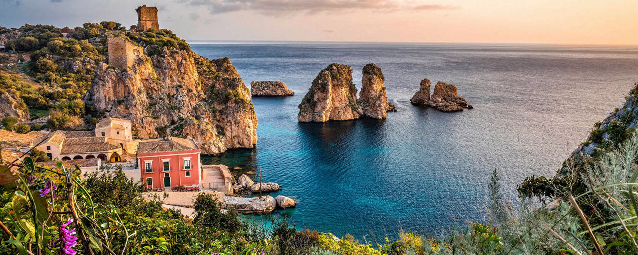 Idyllic bay landscape with picturesque buildings
