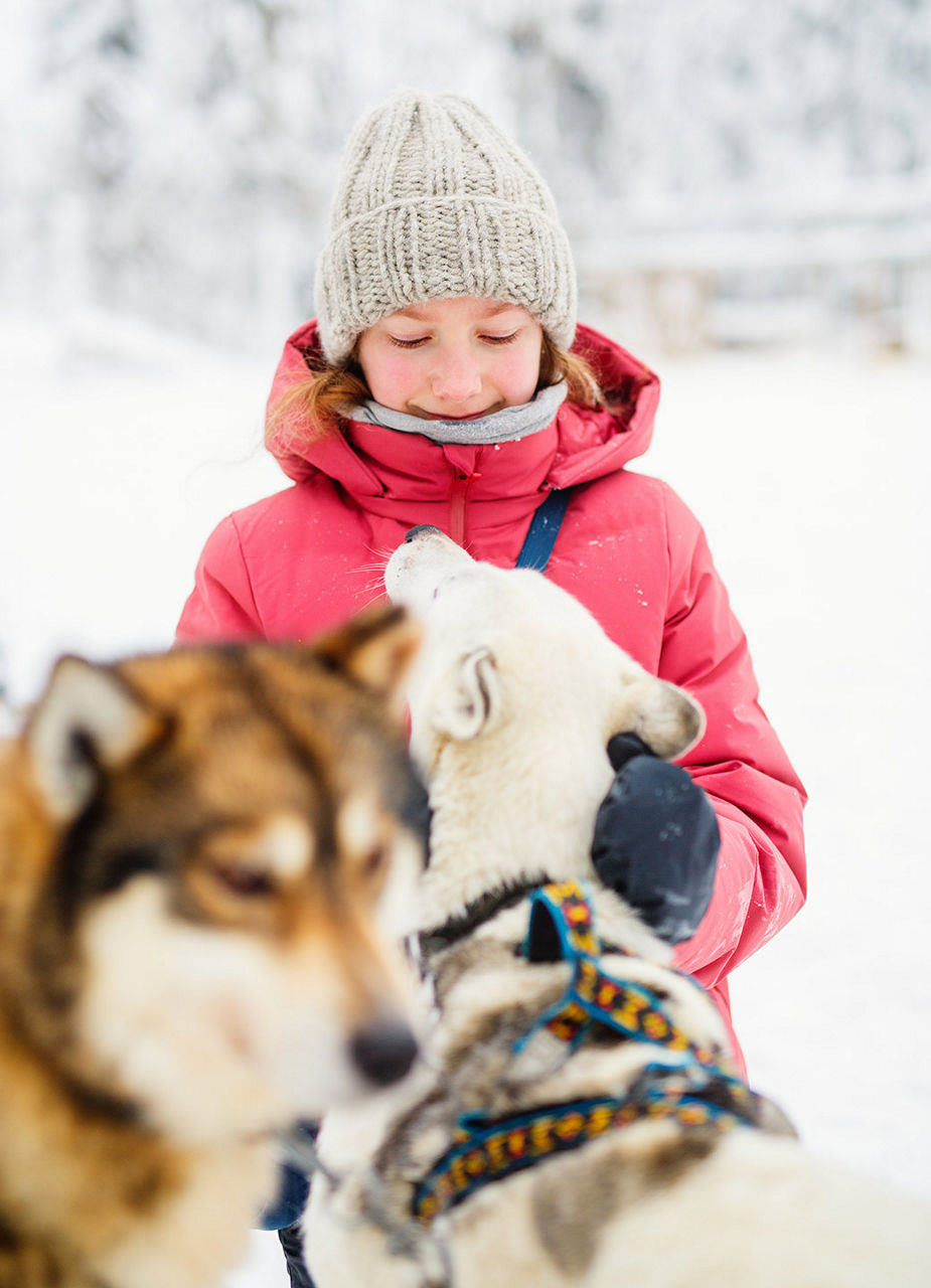 Mädchen kuschelt mit einem Husky