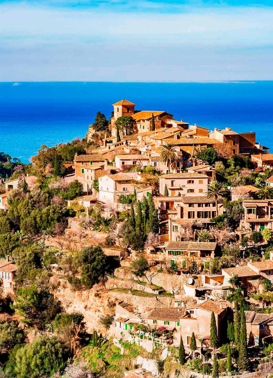 Village on a hill with the sea in the background