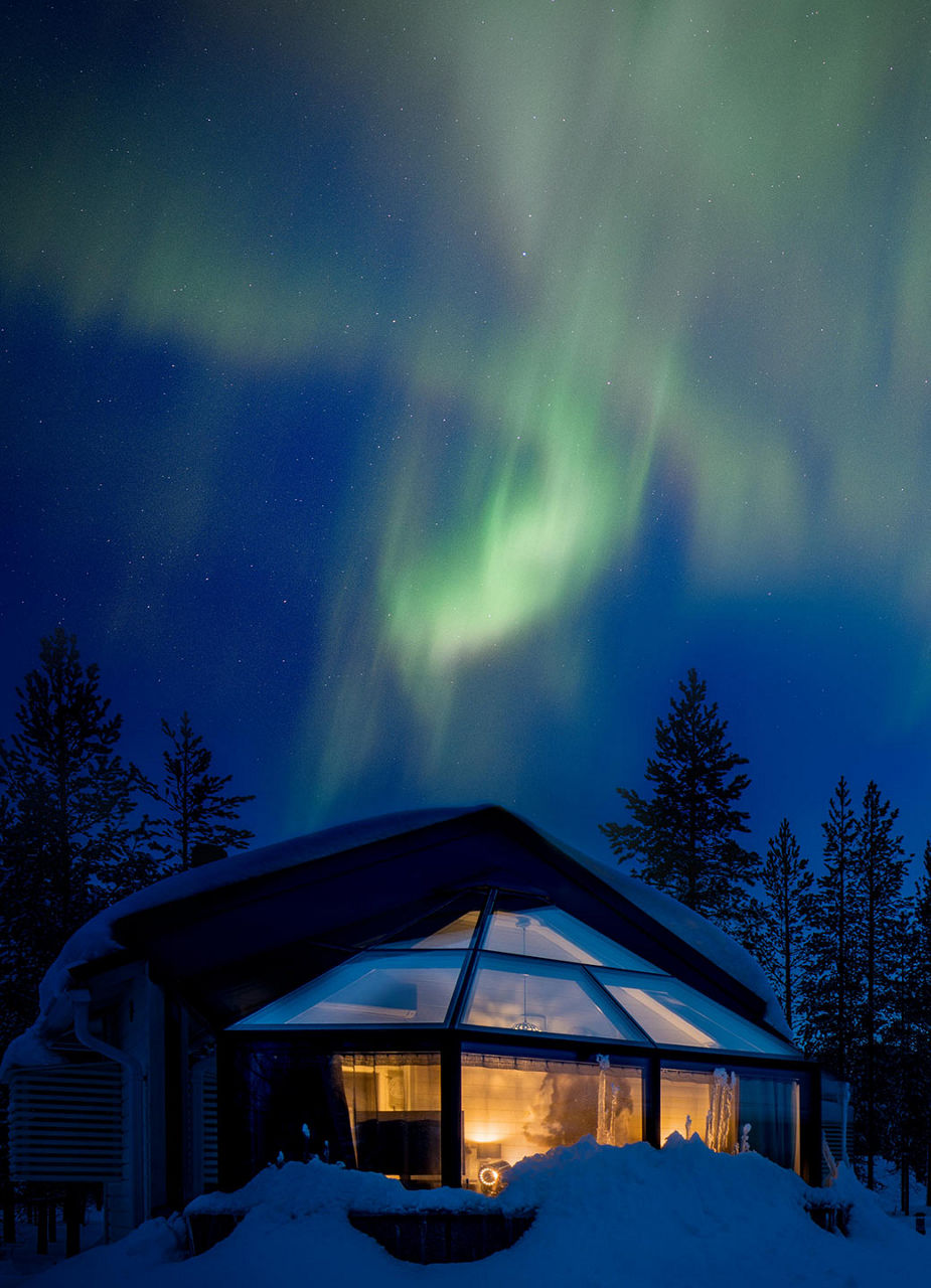 Exterior of Igloo at Santa’s Hotel with Northern Lights