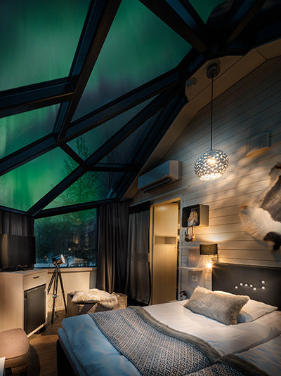 Interior of Igloo at Santa’s Hotel with Northern Lights