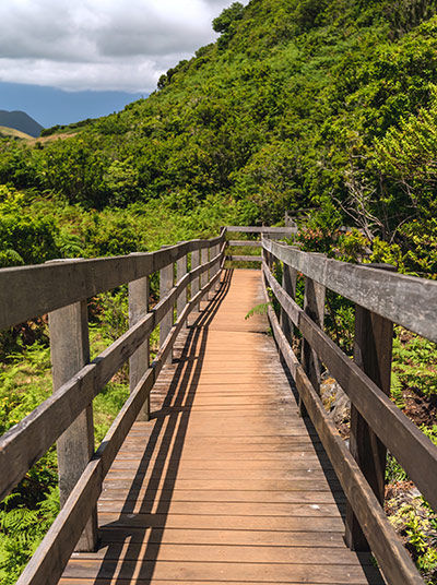 Wooden walkway on the hiking trail, Furnas do Enxofre