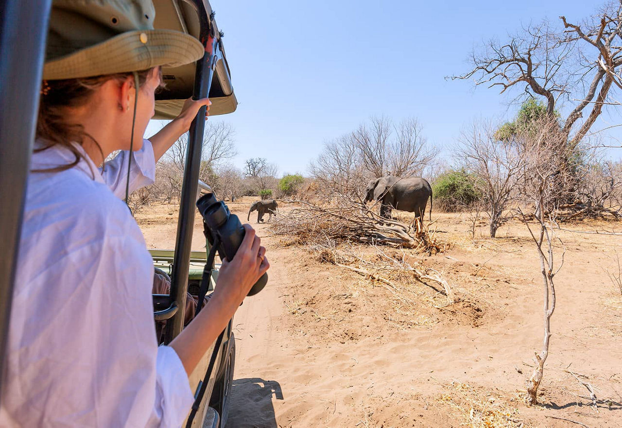 Eine Frau mit dem Feldstecher auf Safari im Etosha Nationalpark in Namibia