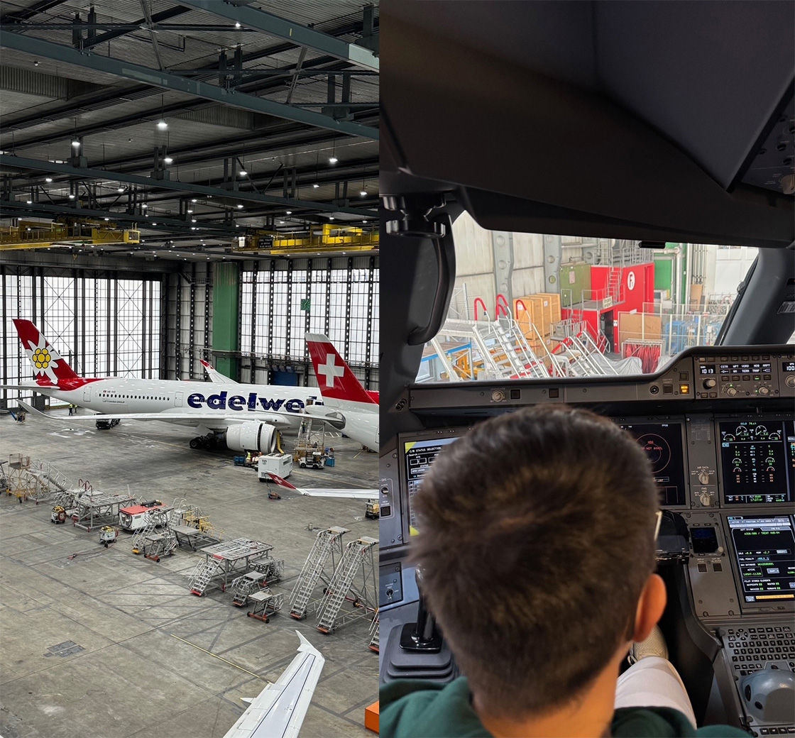 Edelweiss A350 und Person in einem Cockpit
